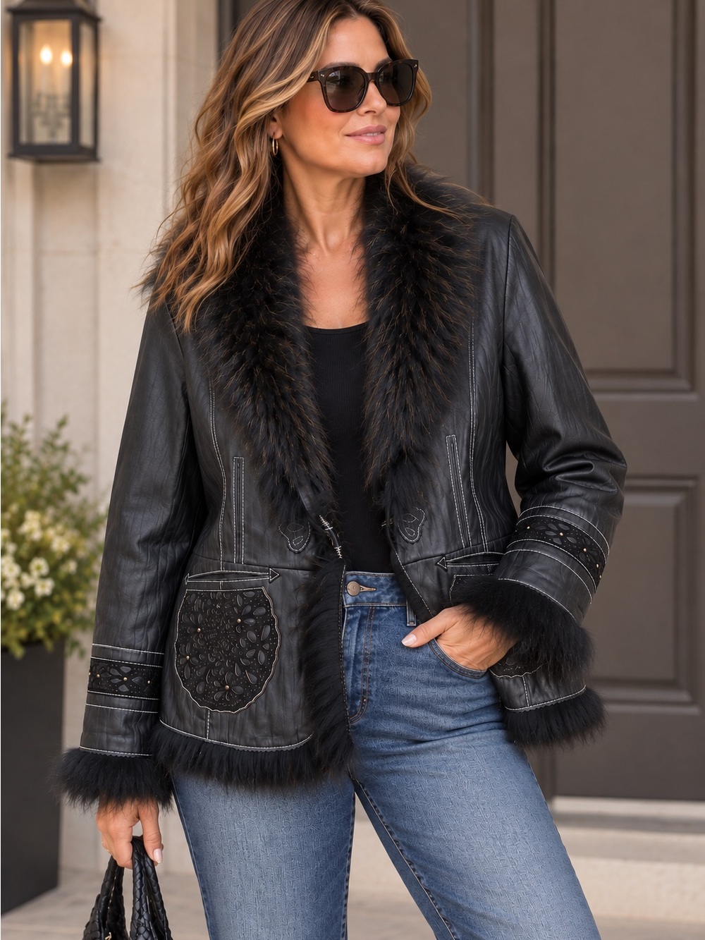 Danier Genuine Leather Raccoon Fur Trim Embellished Jacket Black 2XL
